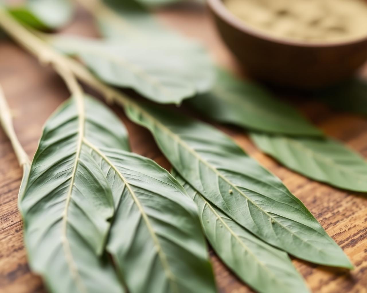 Moringa leaves and powder on a wooden surface
