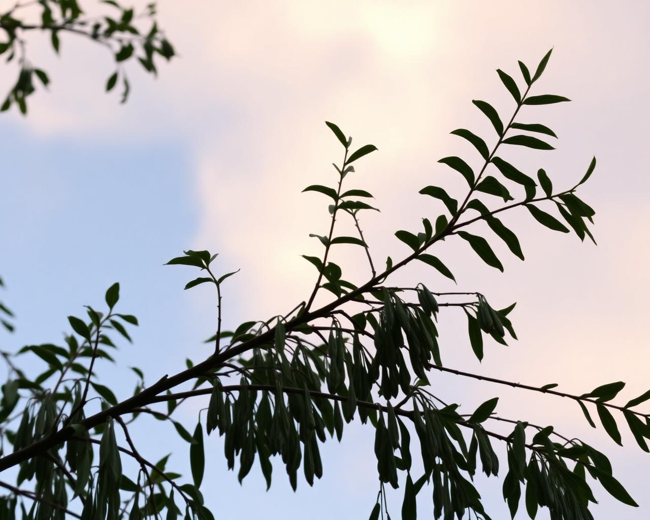 Moringa tree branches against a soft sky
